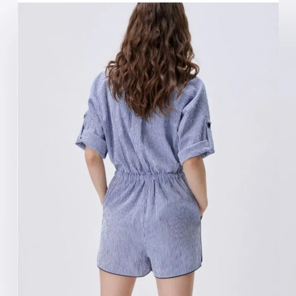 Zara Blue/White Striped Seersucker Button down playsuit Romper drawstrings Sz S - Picture 3 of 12